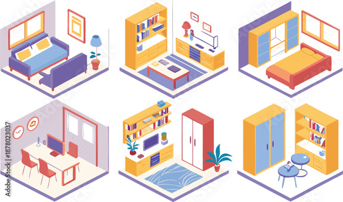 Home interiors elements concept isometric 3d icons set. Furnished rooms isometry isolated collection. bedroom, childs room, Living room, kitchen with dining space, hall and other. Vector illustration