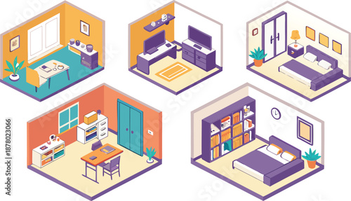 Home interiors elements concept isometric 3d icons set. Furnished rooms isometry isolated collection. bedroom, childs room, Living room, kitchen with dining space, hall and other. Vector illustration