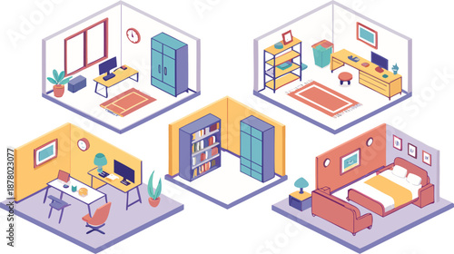 Home interiors elements concept isometric 3d icons set. Furnished rooms isometry isolated collection. bedroom, childs room, Living room, kitchen with dining space, hall and other. Vector illustration