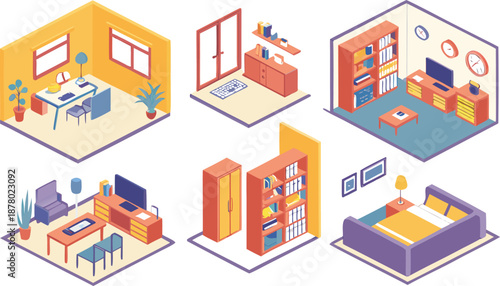 Home interiors elements concept isometric 3d icons set. Furnished rooms isometry isolated collection. bedroom, childs room, Living room, kitchen with dining space, hall and other. Vector illustration