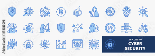 Set of a collection of cyber security icons suitable for web and mobile application. Set of outline blue style icons with secure, engineer, vulnerability, malware, phishing, and more icons
