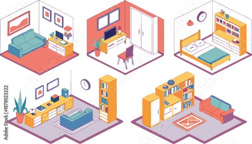 Home interiors elements concept isometric 3d icons set. Furnished rooms isometry isolated collection. bedroom, childs room, Living room, kitchen with dining space, hall and other. Vector illustration