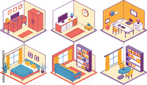 Home interiors elements concept isometric 3d icons set. Furnished rooms isometry isolated collection. bedroom, childs room, Living room, kitchen with dining space, hall and other. Vector illustration