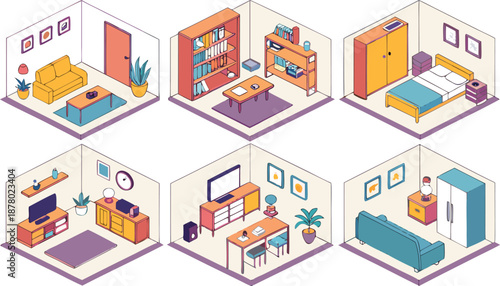 Home interiors elements concept isometric 3d icons set. Furnished rooms isometry isolated collection. bedroom, childs room, Living room, kitchen with dining space, hall and other. Vector illustration
