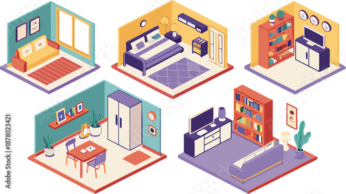 Home interiors elements concept isometric 3d icons set. Furnished rooms isometry isolated collection. bedroom, childs room, Living room, kitchen with dining space, hall and other. Vector illustration
