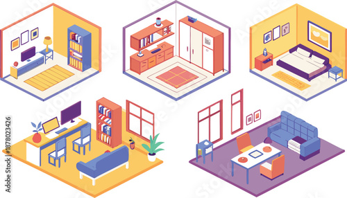 Home interiors elements concept isometric 3d icons set. Furnished rooms isometry isolated collection. bedroom, childs room, Living room, kitchen with dining space, hall and other. Vector illustration