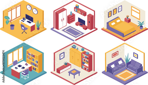 Home interiors elements concept isometric 3d icons set. Furnished rooms isometry isolated collection. bedroom, childs room, Living room, kitchen with dining space, hall and other. Vector illustration
