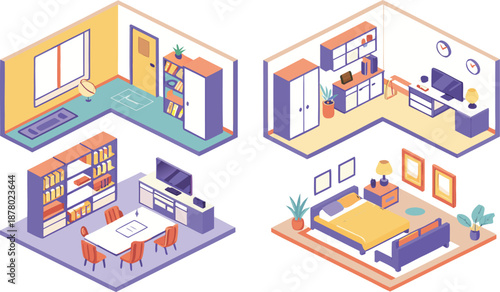 Home interiors elements concept isometric 3d icons set. Furnished rooms isometry isolated collection. bedroom, childs room, Living room, kitchen with dining space, hall and other. Vector illustration