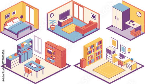 Home interiors elements concept isometric 3d icons set. Furnished rooms isometry isolated collection. bedroom, childs room, Living room, kitchen with dining space, hall and other. Vector illustration