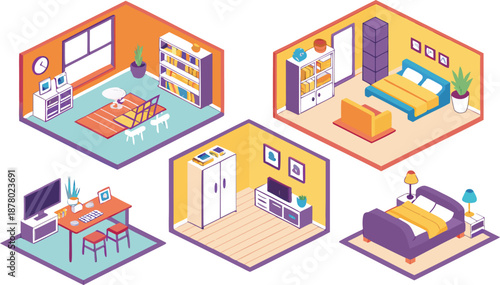 Home interiors elements concept isometric 3d icons set. Furnished rooms isometry isolated collection. bedroom, childs room, Living room, kitchen with dining space, hall and other. Vector illustration