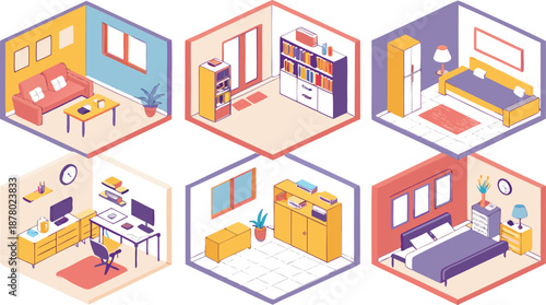 Home interiors elements concept isometric 3d icons set. Furnished rooms isometry isolated collection. bedroom, childs room, Living room, kitchen with dining space, hall and other. Vector illustration
