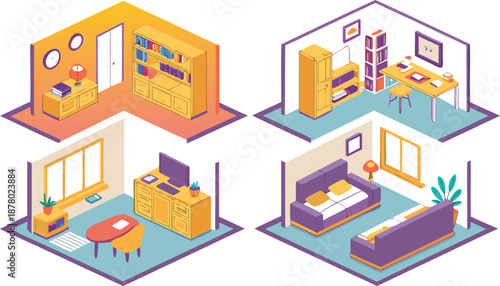 Home interiors elements concept isometric 3d icons set. Furnished rooms isometry isolated collection. bedroom, childs room, Living room, kitchen with dining space, hall and other. Vector illustration