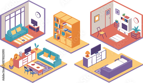 Home interiors elements concept isometric 3d icons set. Furnished rooms isometry isolated collection. bedroom, childs room, Living room, kitchen with dining space, hall and other. Vector illustration