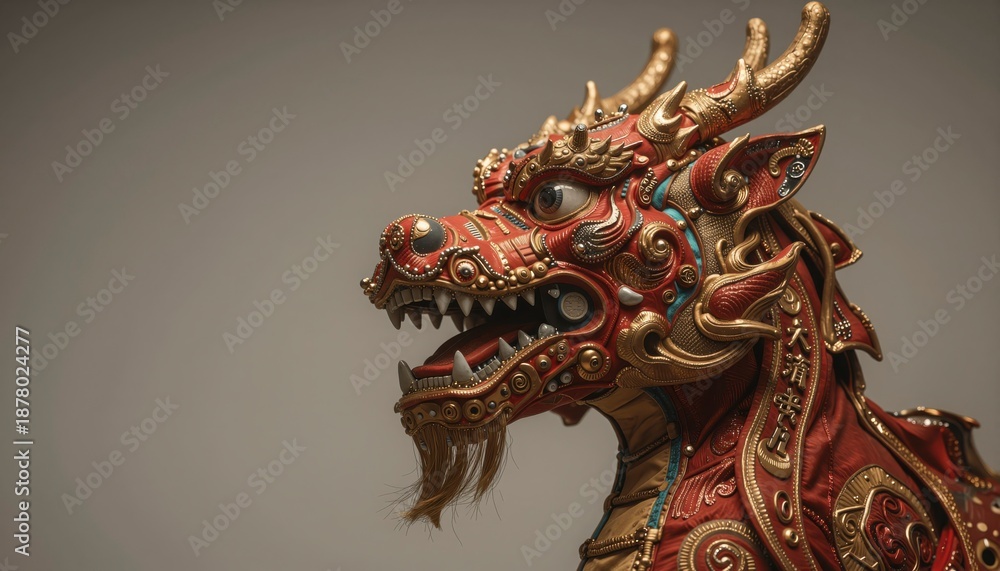 Fototapeta premium Intricate Detail of a Dragon Costume Adorned with Gold Embellishments for Dance