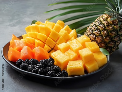 sri lankan tropical fruit platter with mango, pineapple and papaya on clean background