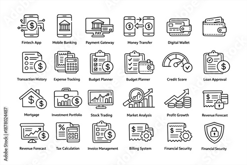 Financial technology icons set: banking, payment, budget, and security