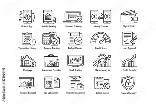 Financial technology icons set featuring banking, finance, and analysis