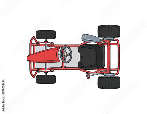 Top-down view illustration of a red go-kart with a black seat and steering wheel, showcasing its chassis and wheels for racing or recreation