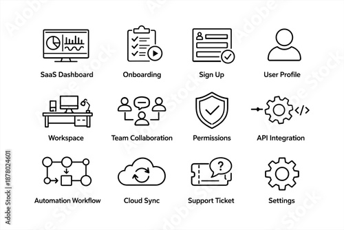 Saas dashboard icons: onboarding, user profile, workspace, collaboration, sync