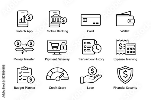 Financial technology icons: banking, payments, budgeting, security