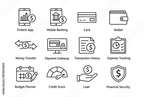 Financial technology icons for mobile banking and expense management