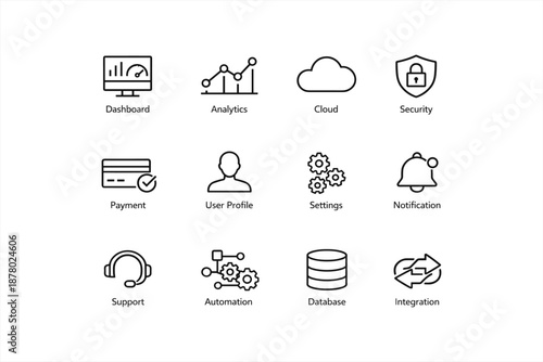 Dashboard analytics cloud security icons for user profiles, payment and automation