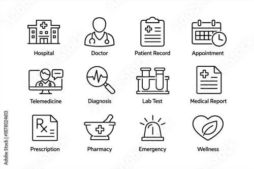 Healthcare icons set: hospital, doctor, telemedicine, prescription, wellness