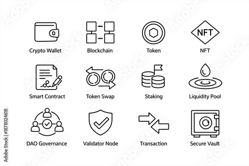 Cryptocurrency icons: wallet, blockchain, token, nft, and more