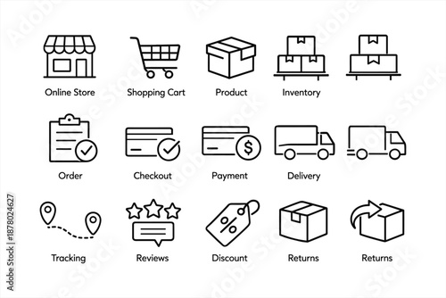 E-commerce icons: store, cart, product, order, delivery, payment, returns, tracking