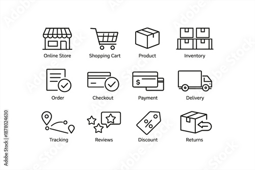 E-commerce icons set: store, cart, product, inventory, order, checkout, payment, delivery