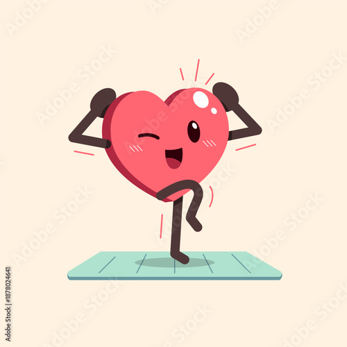 Cartoon cute heart character exercising on yoga mat