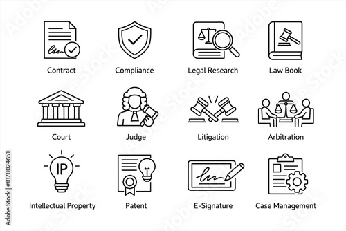 Legal icons set: contract, compliance, court, judge, litigation, arbitration, intellectual property, patent