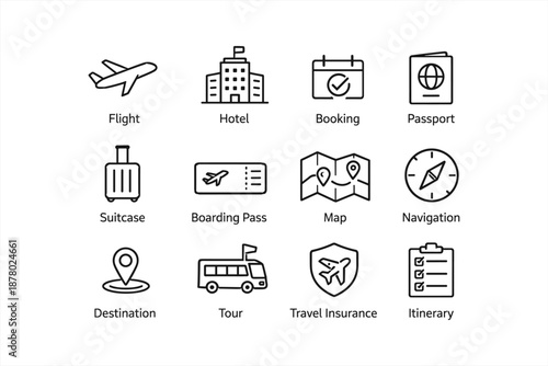 Travel icons: flight, hotel, booking, passport, navigation, itinerary