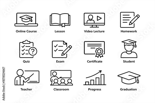 Online learning icons set: course, lesson, lecture, homework, quiz, exam, certificate, student, teacher, classroom, progress, graduation