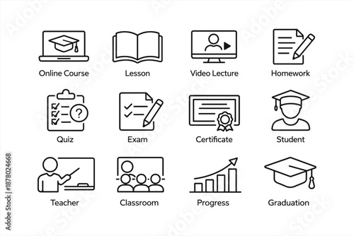 Online education icons: course, quiz, certificate, and graduation