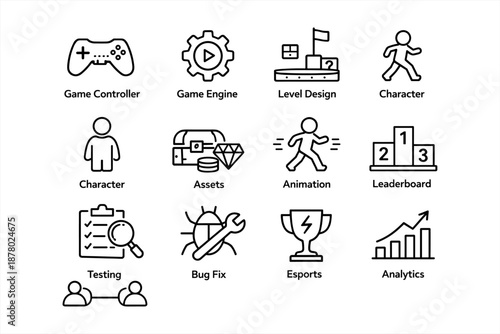 Game development icons - controller, engine, level design, assets, animation, testing
