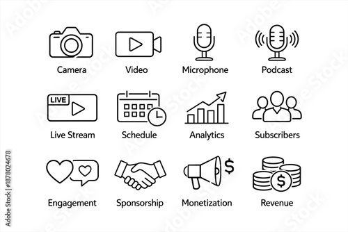 Media icons set featuring camera, video, microphone, and analytics symbols