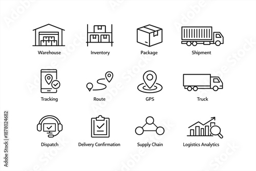 Logistics and supply chain icons: warehouse, inventory, shipment, tracking, analytics