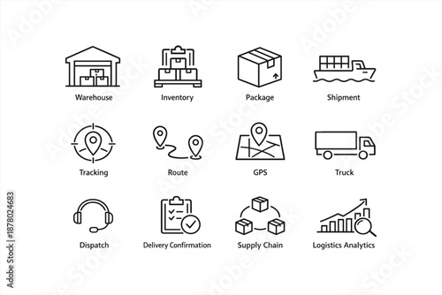 Logistics icons: warehouse, inventory, shipment, tracking, supply chain