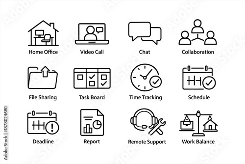 Icons for home office and remote work: collaboration, video calls, task management