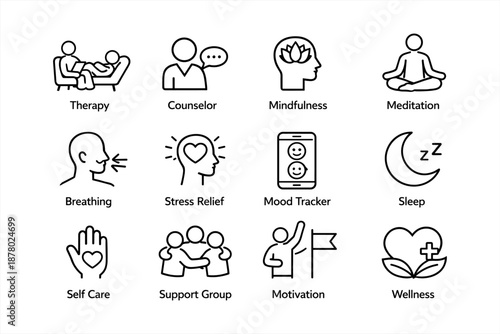 Icons of therapy and wellness: mindfulness, meditation, self-care, motivation, sleep