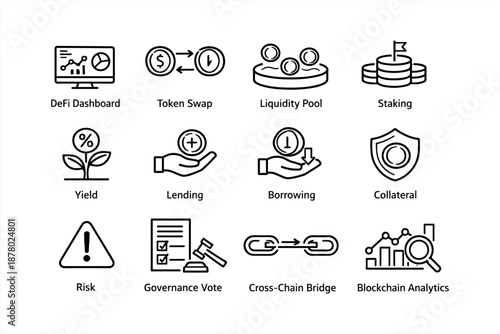 Cryptocurrency icons: defi dashboard, token swap, liquidity pool, staking, yield, lending, borrowing, collateral