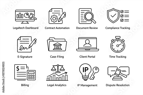 Legaltech solutions icons for document review and compliance tracking