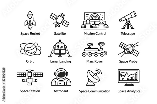 Space exploration icons: rocket, satellite, mars rover, astronaut, telescope