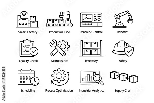 Industrial operations icons: smart factory, production line, machine control, robotics, quality check
