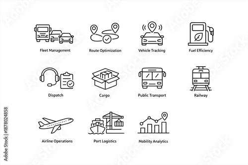 Transportation and logistics icons: fleet, route, tracking, efficiency, dispatch
