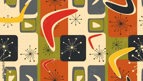 A sophisticated mid-century modern abstract pattern with boomerangs and starbursts on geometric shapes.