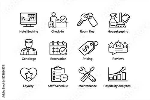 Hotel service icons: booking, check-in, housekeeping, concierge, reservation, pricing, reviews