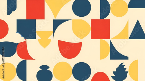 Bold abstract pattern composed of solid geometric shapes in red, yellow, and blue.