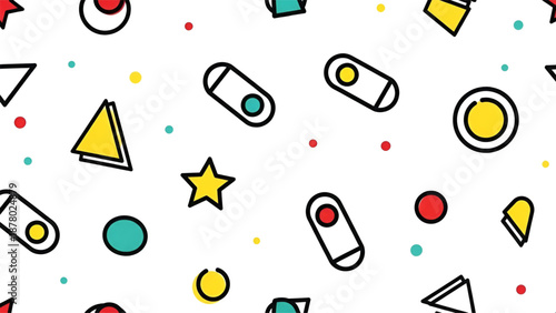 Vibrant abstract pattern showcasing outlined triangles, circles, capsules, stars, and colorful dots.